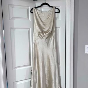 Silk scoop neck deep v back dress